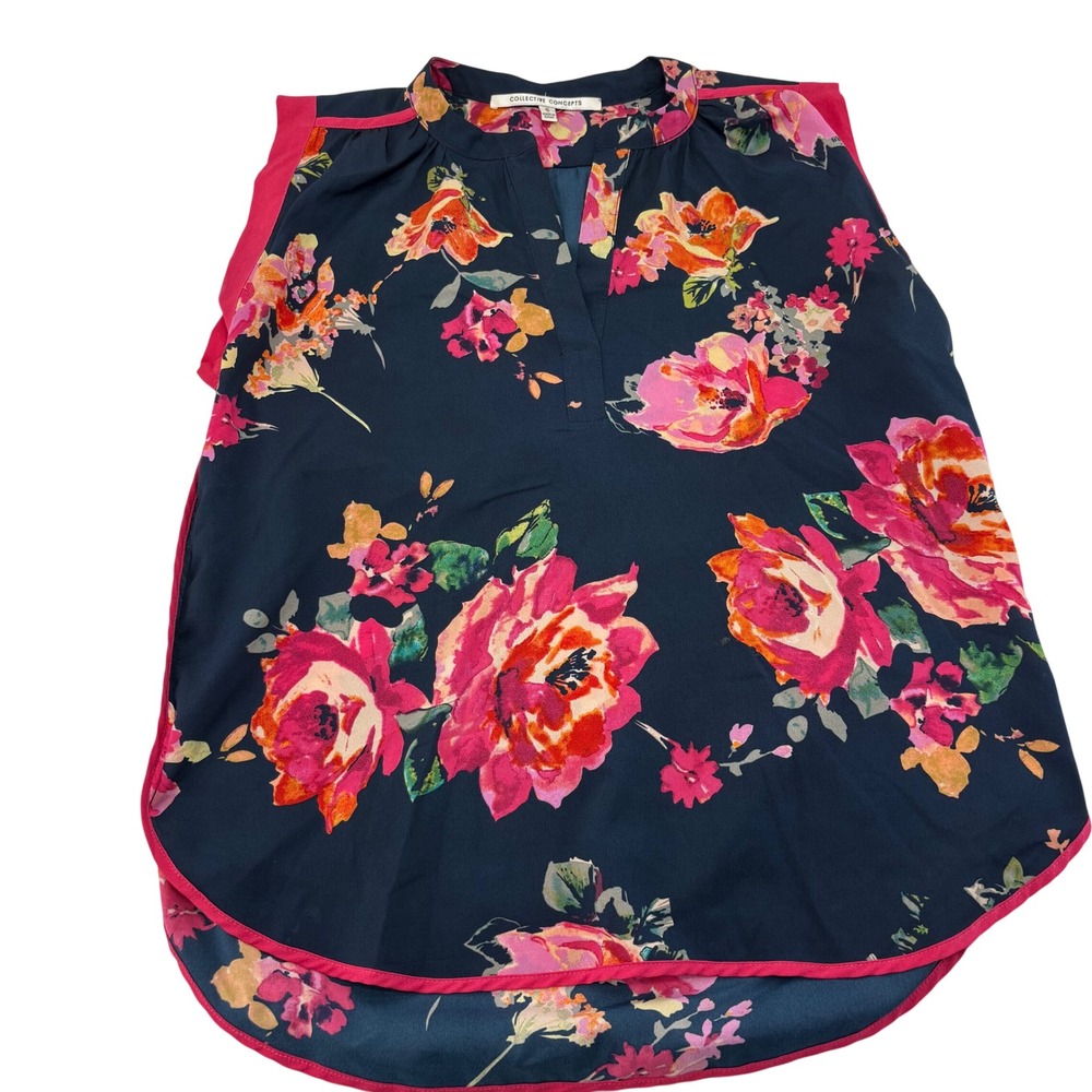 Collective Concepts Navy Pink Floral Sleeveless Blouse Split V-Neck TS8115-04 S
